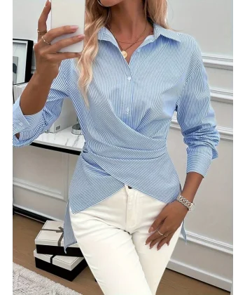 Kadın Uzun Kollu Yakalı önden Düğmeli Ve çapraz Bağlamalı Dokuma Gömlek