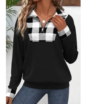 Kadın Uzun Kollu Yakalı önden Fermuarlı Ekose Detaylı Viskon Iki Iplik Bluz