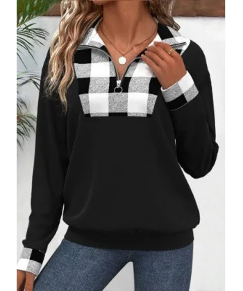 Kadın Uzun Kollu Yakalı önden Fermuarlı Ekose Detaylı Viskon Iki Iplik Bluz