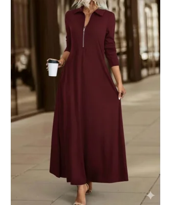 Kadın Uzun Kollu Yakalı önden Fermuarlı Uzun Viskon Iki Iplik Elbise