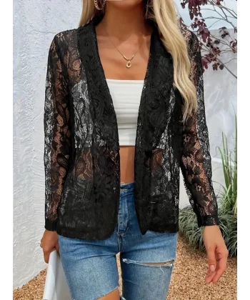Kadın Uzun Kollu Yakalı önü Açık Dantelli Ceket