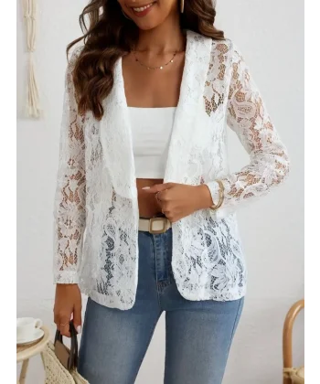 Kadın Uzun Kollu Yakalı önü Açık Dantelli Ceket