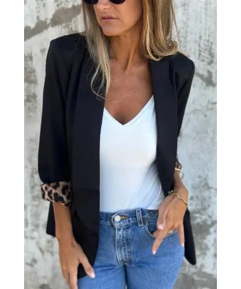 Kadın Uzun Kollu Yakalı önü Açık Leopar Desen Detaylı Astarlı Atlas Ceket