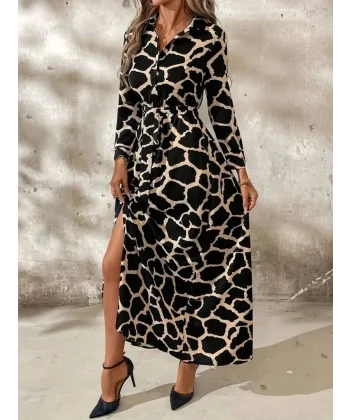 Kadın Uzun Kollu Yakalı önü Düğmeli Desenli Belden Kuşaklı Uzun Süprem Elbise