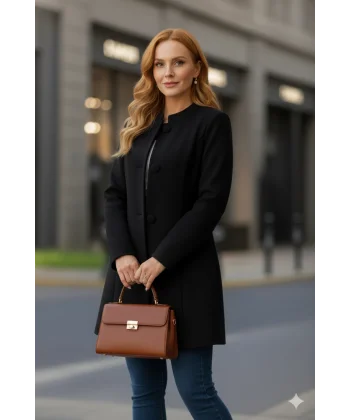 Kadın Uzun Kollu Yakalı önü Düğmeli Ithal Kaşe Astarlı Kaban