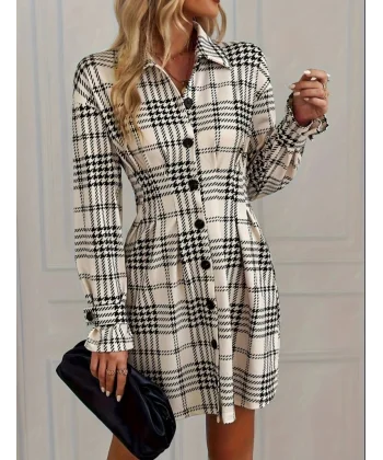 Kadın Uzun Kollu Yakalı önü Düğmeli Mini Modal Elbise