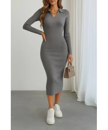 Kadın Uzun Kollu Yakalı Triko Elbise
