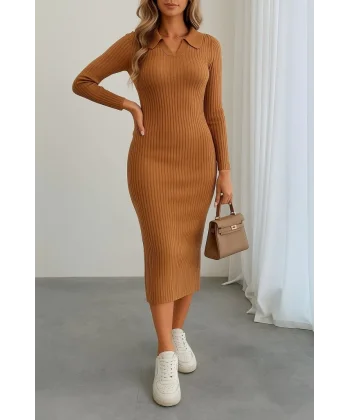 Kadın Uzun Kollu Yakalı Triko Elbise