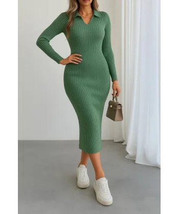 Kadın Uzun Kollu Yakalı Triko Elbise