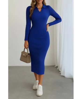 Kadın Uzun Kollu Yakalı Triko Elbise