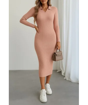 Kadın Uzun Kollu Yakalı Triko Elbise
