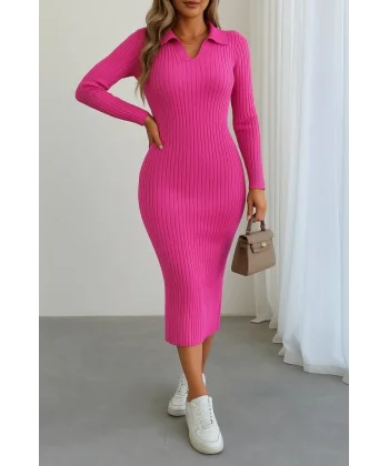 Kadın Uzun Kollu Yakalı Triko Elbise