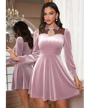 Kadın Uzun Kollu Yakalı Tül Detaylı Incili Mini Kadife Elbise