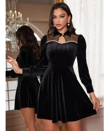 Kadın Uzun Kollu Yakalı Tül Detaylı Incili Mini Kadife Elbise
