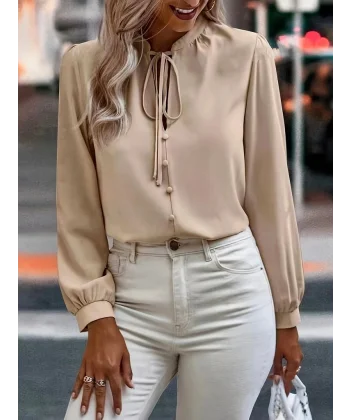 Kadın Uzun Kollu Yakalı Yakadan Bağcıklı Düğmeli Sandy Bluz