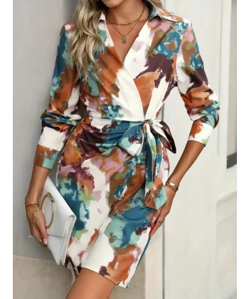 Kadın Uzun Kollu Yakalı Yandan Bağlamalı Mini Desenli Modal Elbise