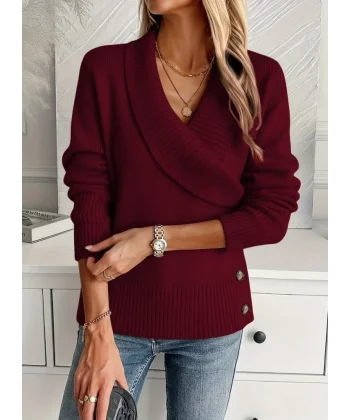 Kadın Uzun Kollu Yakalı Yandan Düğmeli Triko Bluz