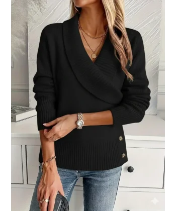 Kadın Uzun Kollu Yakalı Yandan Düğmeli Triko Bluz