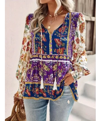 Kadın Uzun Kollu Yakası Açık Bağcıklı çiçek Desenli Salaş Bluz