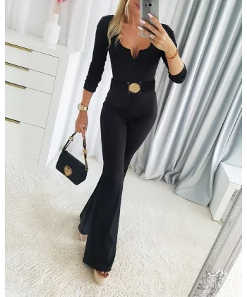 Kadın Uzun Kollu Yakası Açık Kemerli Uzun Modal Tulum