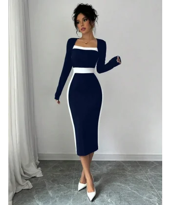 Kadın Uzun Kollu Yakası Açık Midi Ithal Krep Elbise