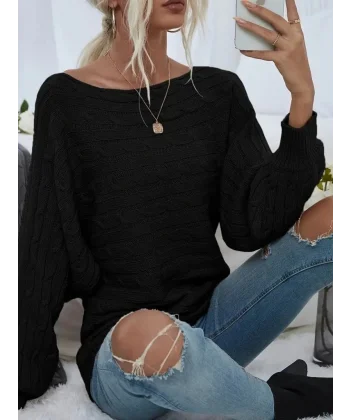 Kadın Uzun Kollu Yakası Açık Saç örgü Desenli Triko Bluz