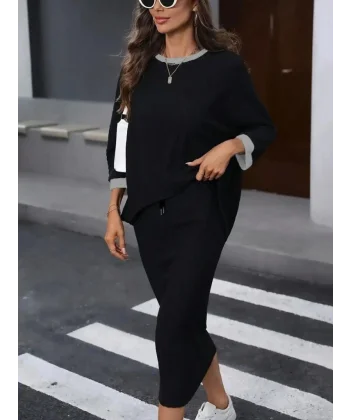 Kadın Uzun Kollu Yakası Açık şardonlu Kaşkorse Bluz Ve Eteği Bağcıklı Ikili Takım