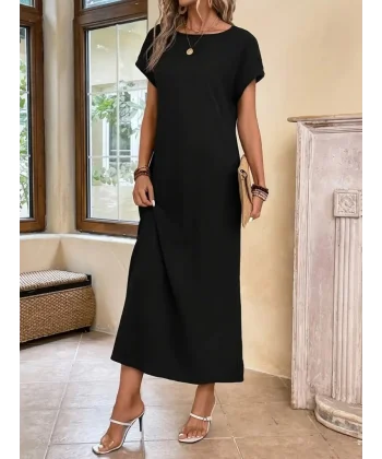 Kadın Uzun Kollu Yakası Açık Viskon Elbise