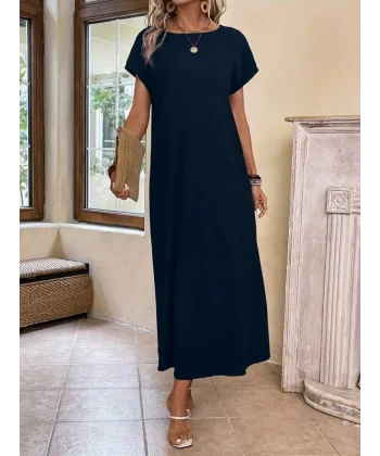 Kadın Uzun Kollu Yakası Açık Viskon Elbise