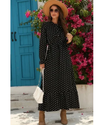 Kadın Uzun Kollu Yakası Bağcıklı Uzun Puantiyeli Krep Maxi Elbise