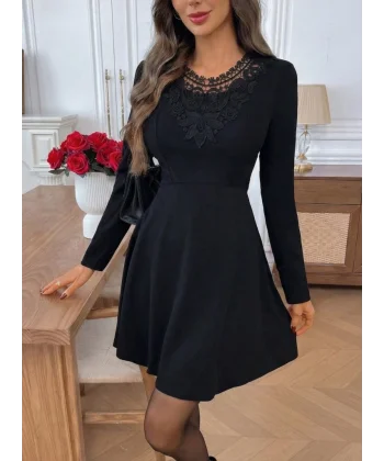 Kadın Uzun Kollu Yakası Dantelli Mini Ithal Krep Elbise