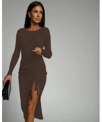 Kadın Uzun Kollu Yandan Büzgülü Yırtmaç Detay Kaşkorse Midi Boy Elbise