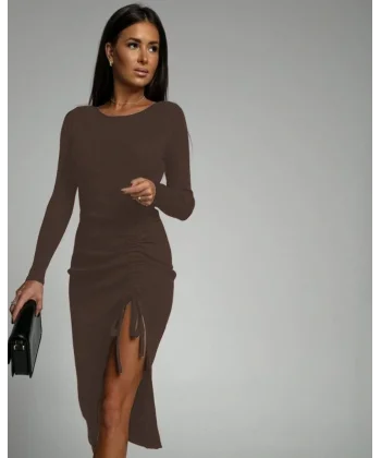 Kadın Uzun Kollu Yandan Büzgülü Yırtmaç Detay Kaşkorse Midi Boy Elbise