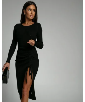 Kadın Uzun Kollu Yandan Büzgülü Yırtmaç Detay Kaşkorse Midi Boy Elbise