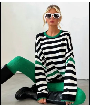 Kadın Uzun Kollu Yarasa Kol şerit Detay Triko Kazak