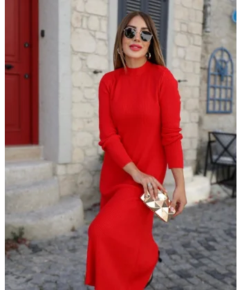 Kadın Uzun Kollu Yarı Balıkçı Yaka Arkadan Pencere Detaylı Bağcıklı Midi Triko Elbise