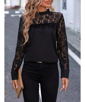 Kadın Uzun Kollu Yarı Balıkçı Yaka Dantelli Sandy Bluz