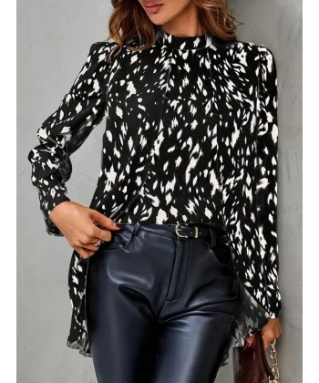 Kadın Uzun Kollu Yarı Balıkçı Yaka Desenli Dokuma Bluz