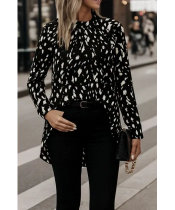 Kadın Uzun Kollu Yarı Balıkçı Yaka Desenli Dokuma Bluz