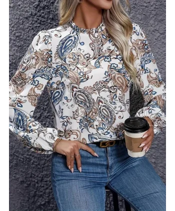 Kadın Uzun Kollu Yarı Balıkçı Yaka Desenli Süprem Bluz