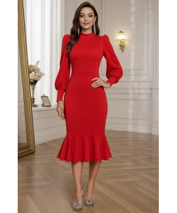 Kadın Uzun Kollu Yarı Balıkçı Yaka Etek Ucu Fırfır Detaylı Midi Ithal Krep Elbise