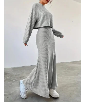 Kadın Uzun Kollu Yarı Balıkçı Yaka Kısa Bluz Ve Ip Askılı Yuvarlak Yakalı şardonlu Kaşkorse Elbise Ikili Takım