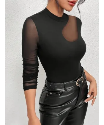 Kadın Uzun Kollu Yarı Balıkçı Yaka Kolları Tüllü Dalgıç Bluz