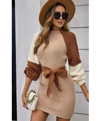 Kadın Uzun Kollu Yarı Balıkçı Yaka Kuşaklı Kısa Triko Elbise