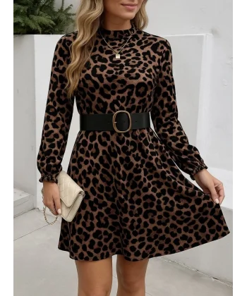 Kadın Uzun Kollu Yarı Balıkçı Yaka Leopar Desenli Kadife Elbise
