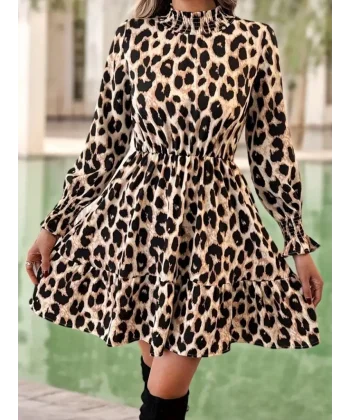 Kadın Uzun Kollu Yarı Balıkçı Yaka Leopar Desenli Modal Mini Elbise