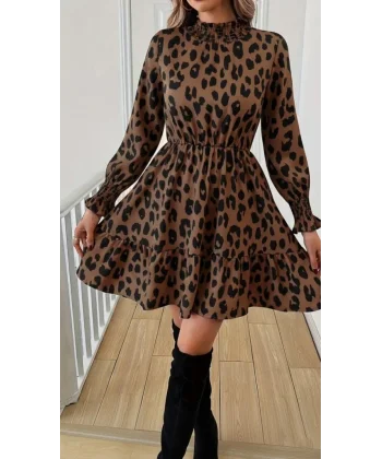 Kadın Uzun Kollu Yarı Balıkçı Yaka Leopar Desenli Modal Mini Elbise