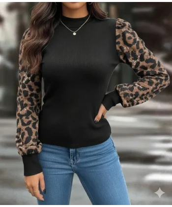 Kadın Uzun Kollu Yarı Balıkçı Yaka Leopar Detaylı Kaşkorse Bluz