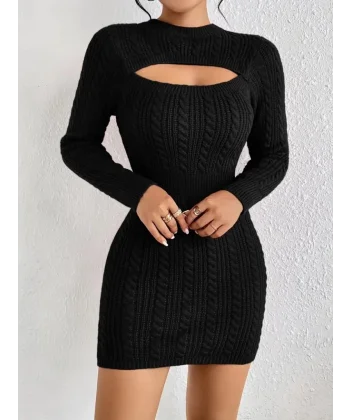 Kadın Uzun Kollu Yarı Balıkçı Yaka Pencere Göğüs Detay Mini Triko Elbise