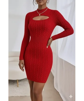 Kadın Uzun Kollu Yarı Balıkçı Yaka Pencere Göğüs Detay Mini Triko Elbise